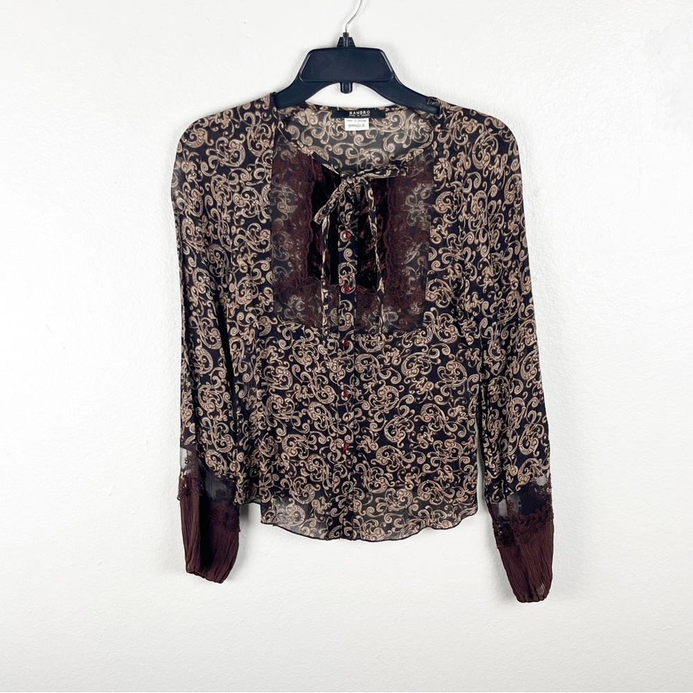 SANDRO Baroque Brown Paisley Print Sheer Lace Trim Blouse Size Small Boho Chic